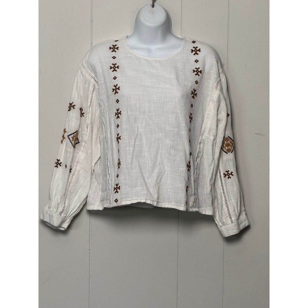 Mango MNG Casual White Embroidered Cotton Blouse Boho Top Size 6 Medium